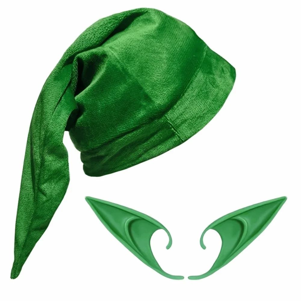 Dress Up Long Pointed Halloween Elf Accessory Set Soft Velvet Elf Ears Green Realistic Latex Gnome Hats Party