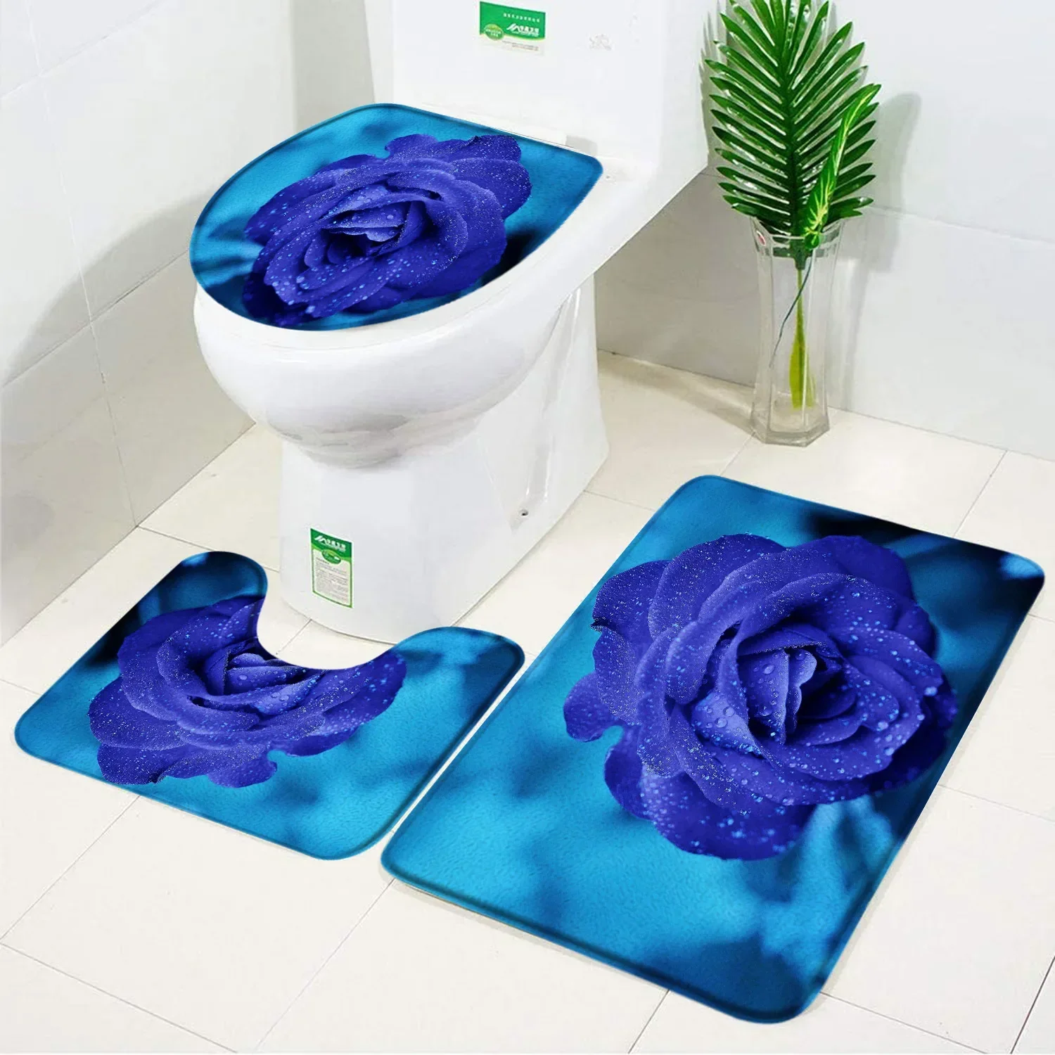 Floral Bath Mat Set Red Fresh Flower Field Garden Plant Living Room Bedroom Non-Slip Doormat Toilet Cover Carpet Bathroom Decor