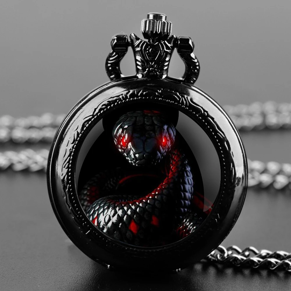 Delicate Gifts Quartz Pocket Watch Dark Snake Design Glass Dome Necklace Pendant Clock for Mens Womens