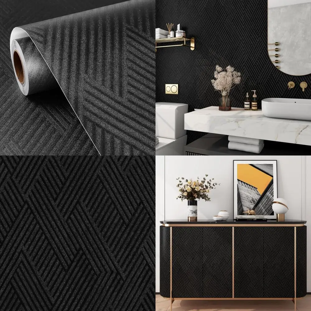 ورق جدران أسود هندسي مقاوم للماء قابل للتقشير واللصق للحمامات والمطابخ، ورق اتصال خزانة مزخرف يدوم طويلاً