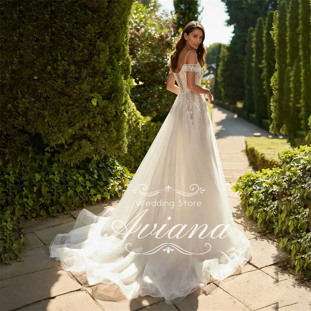 Aviana op maat gemaakte off-the-shoulder bruidsjurk kant geborduurd lijfje hoge zijsplit lange trein elegante luxe trouwjurk