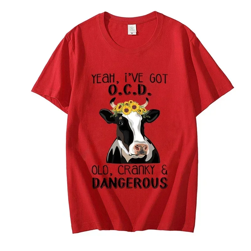 Cow Yeah I've Got OCD Old Cranky & Dangerous Print T-shrit for Women Clothes Short Sleeve T-shirt Creative Personalized Tee Tops