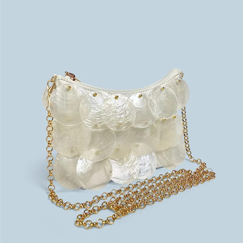 Customized 2025 New Small Fresh Women\'s Bag with Shell Sequin Chain Crossbody Bag Exquisite Handmade Woven Handbags for Women