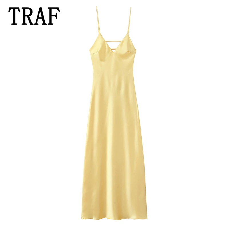 TRAF エレガントなサテンイエローの女性のロングドレスファッションノースリーブ背中の開いたセクシーなスリムミディドレス夏の女性のホリデードレス 2025