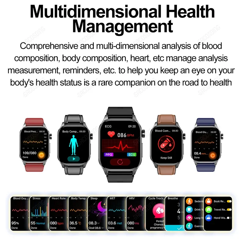 Montre connectée ECG PPG HRV, moniteur de santé, smartwatch, moniteur de rythme cardiaque, de saturation du sang en acide urique et de glycémie,