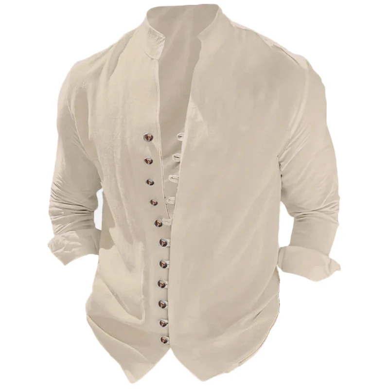 Men's Long Sleeve Shirt Cotton Linen Breathable Solid Color Henly Neck Single Breasted Top Lightweight Male Casual Shirts