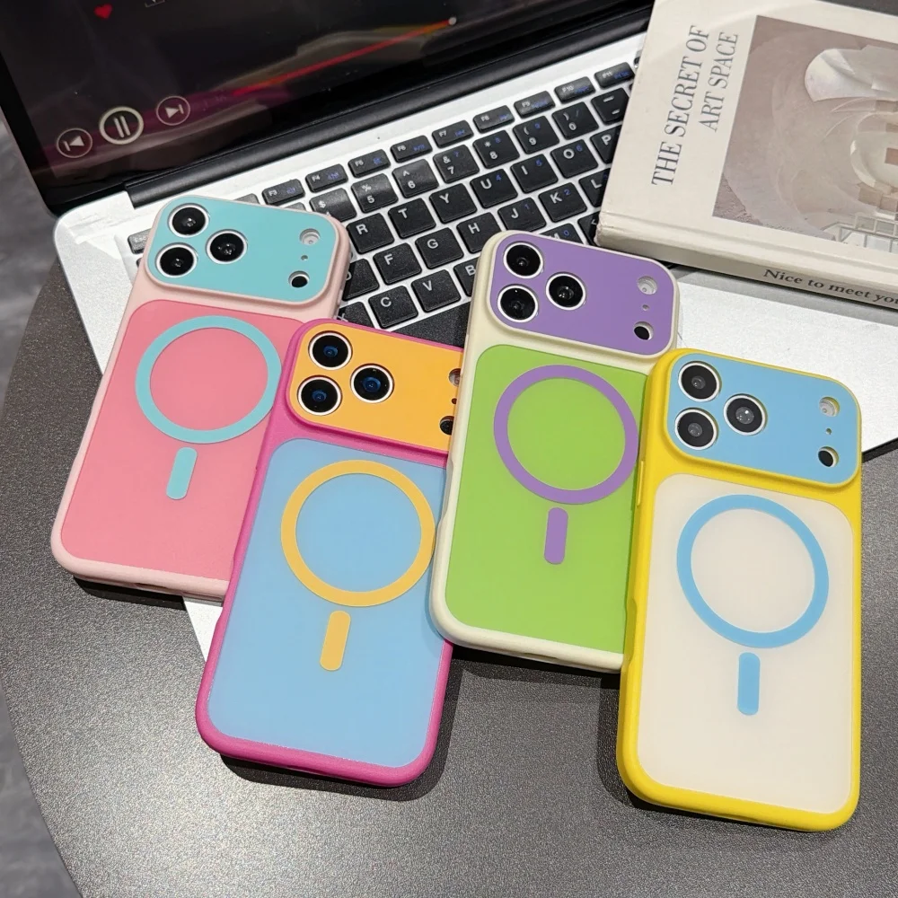Candy Color Block Magnetic Phone Case For iPhone 18 17 16 15 14 13 Pro Max Matte Shockproof Wireless Charging Protective Cover