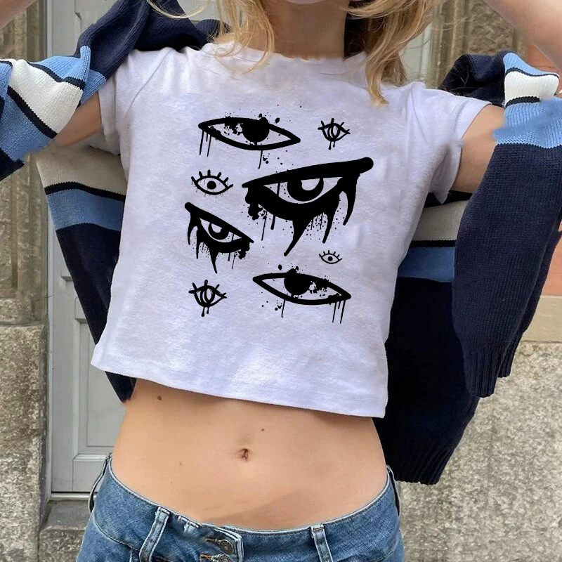 

Gothic Creative Eye Pattern Printing T-Shirt Aesthetic Harajuku Versatile Classic Crop Top Vintage Y2K Streetwear Slim Women Tee