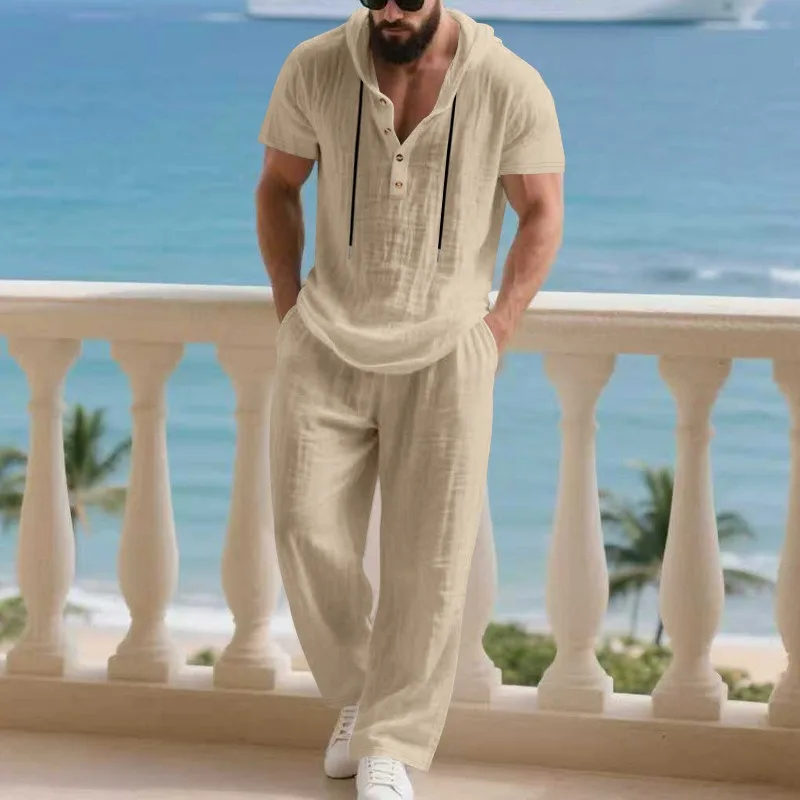 

Men's Summer Casual Linen 2 Piece Outfit Hooded Short Sleeve Top Long Pants Beach Tracksuit
