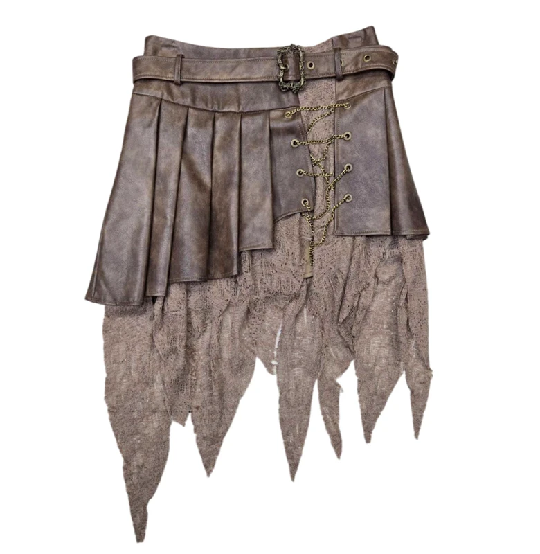 الأمريكية مثير الرجعية الدانتيل غير النظامية النساء عالية الخصر بولي Pu مطوي تنورة الخريف الشتاء جديد تنوعا سلسلة فضفاضة التنانير الموضة