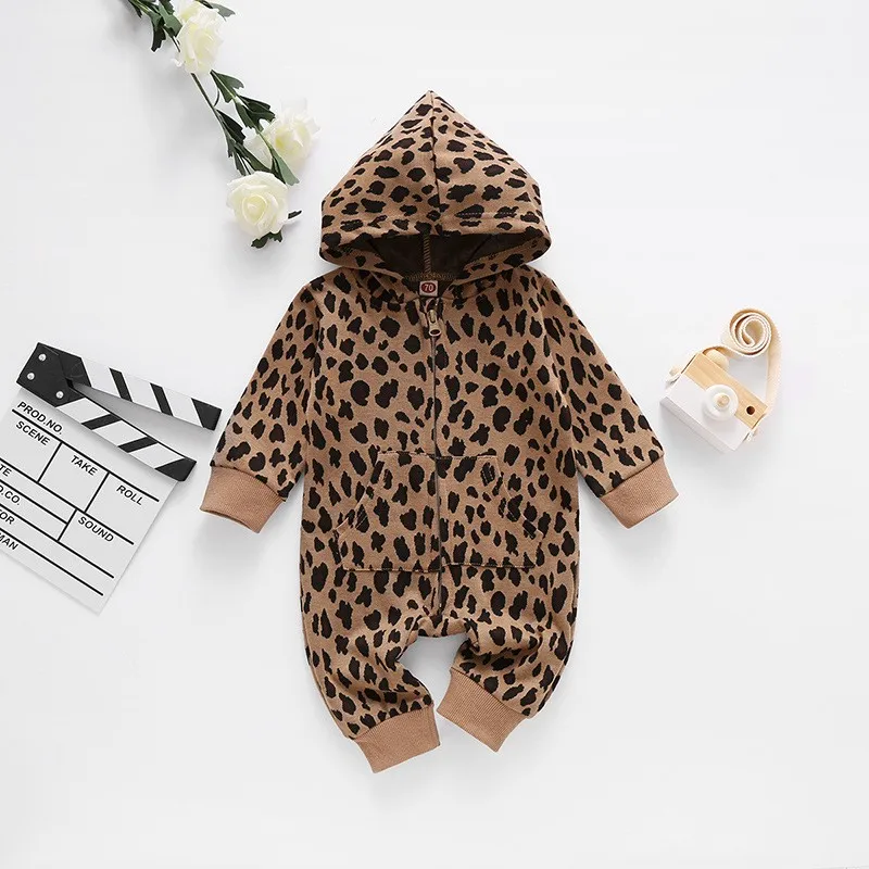 

Spring Autumn Baby Boy Leopard Print Long Sleeve Hooded Onesie Pantsuit for Crawling Children's Clothing Infant Romper