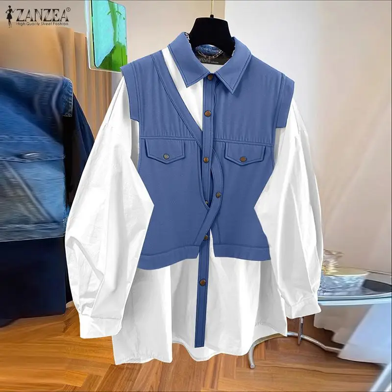 

ZANZEA 2022, элегантные женские осенние стильные рубашки, топы с длинными рукавами, модные джинсовые лоскутные повседневные блузки с лацканами, уличная одежда на пуговицах
