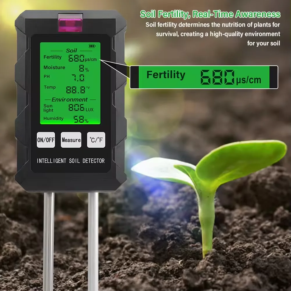 NOYAFA-probador de PH del suelo 6 en 1, medidor Digital de fertilidad/EC/humedad/luz/humedad del aire/Monitor de temperatura, Detector de termómetro de jardín