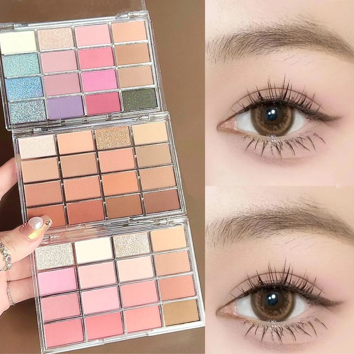 Paleta de sombras de ojos de baja saturación, 16 colores, brillo, Color marrón tierra, sombras de ojos acrílicas brillantes, Perla mate, maquillaje de ojos diario