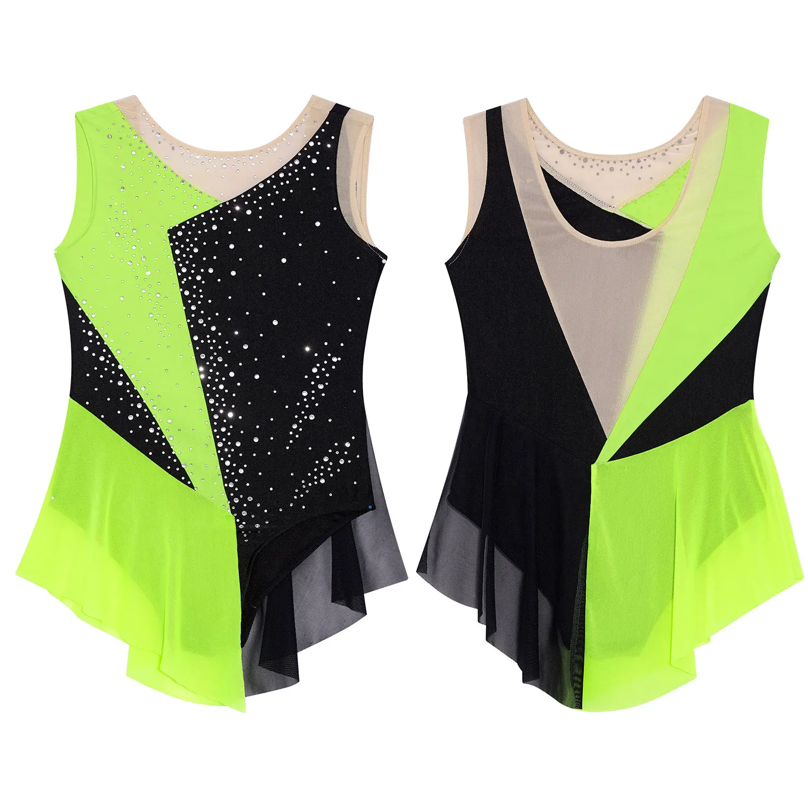 Kids Girls Figure Skating Leotard Lyrical Dance Ballet Gymnastics Acrobatics Costume Shiny Rhinestone Sheer Mesh Bodysuit Dress