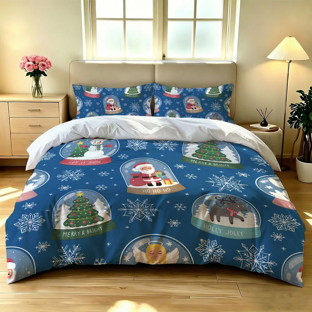 A set of 3 pieces (1 bedspread + 2 pillowcases) with a blue base and Christmas-themed patterns for home decoration