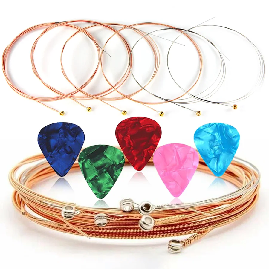 6-teiliges Set aus roten Kupfer-Akustikgitarrensaiten und Gitarrenplektren für Bass, Ukulele, Instrument, professionelles Bühnenzubehör, XJM