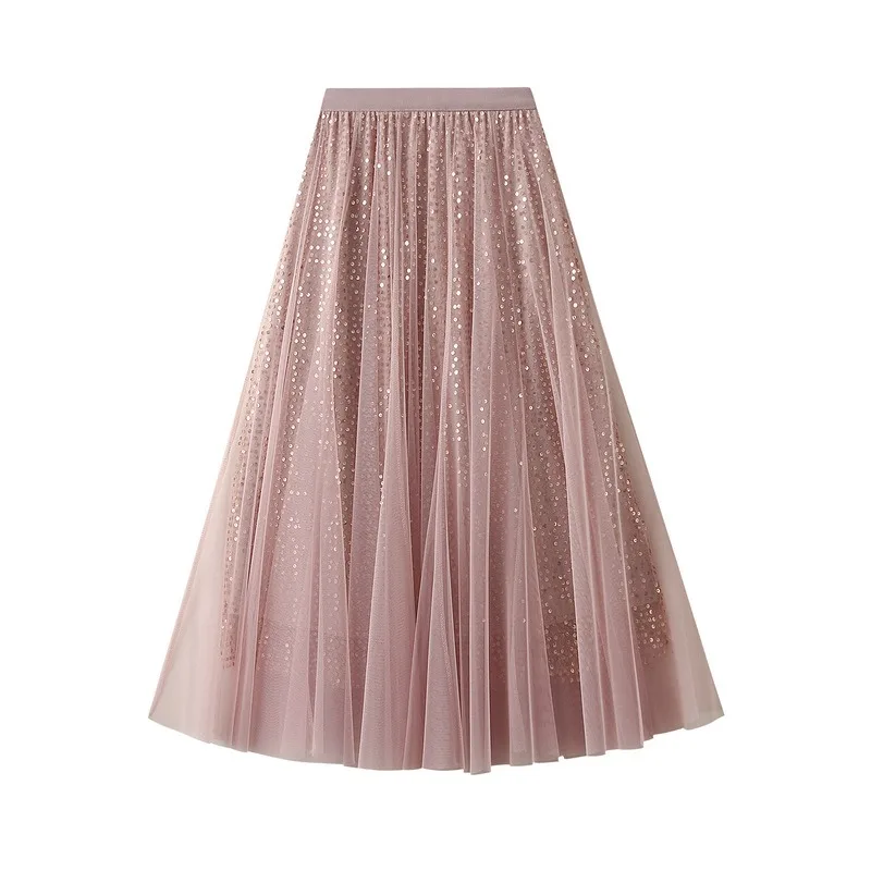 

2026 New Fashion Summer Women's Sequins Mesh Skirts Maxi Skirts Elastic Waist Double-deck Elegant Female Pleated A-line Skirts