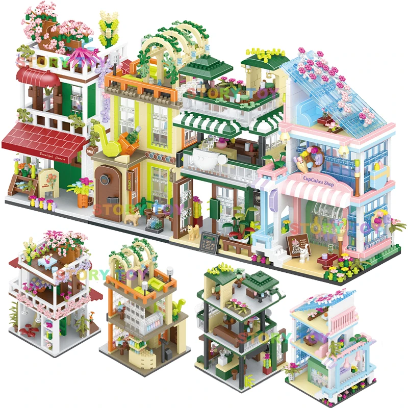 Mini City Street View Coffee Flower Shop Dessert House Building Blocks 4in1 Architecture Music Bar Bricks Toys Gift For Children