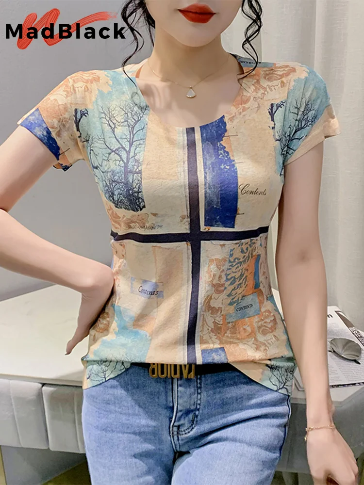 

MadBlack Summer European Clothes O Necks T-Shirt Women Sexy Cartoon Printed Slim Mesh Tops Short Sleeves Bottoming Tees T34805M