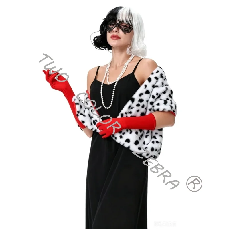 Cruella Deville Cosplay Costume Anime Black and White Witch Cloak Spotted Dog Leopard Print Scarf Wig Gloves Accessories Cos view 3