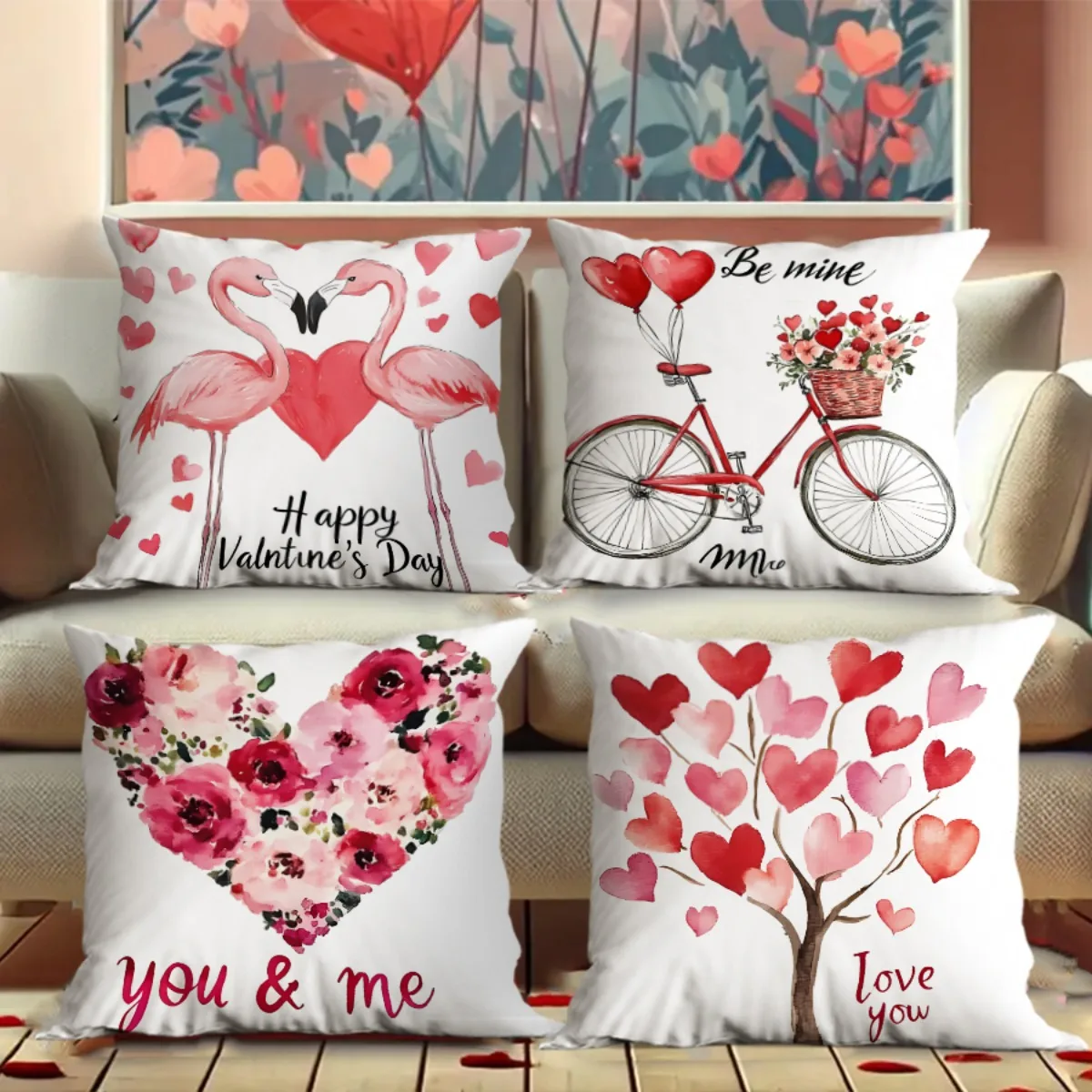 4pcs Heart-shaped flower bicycle Single-sided printing Short plush Suitable living rooms bedrooms sofas (excluding pillow cores)