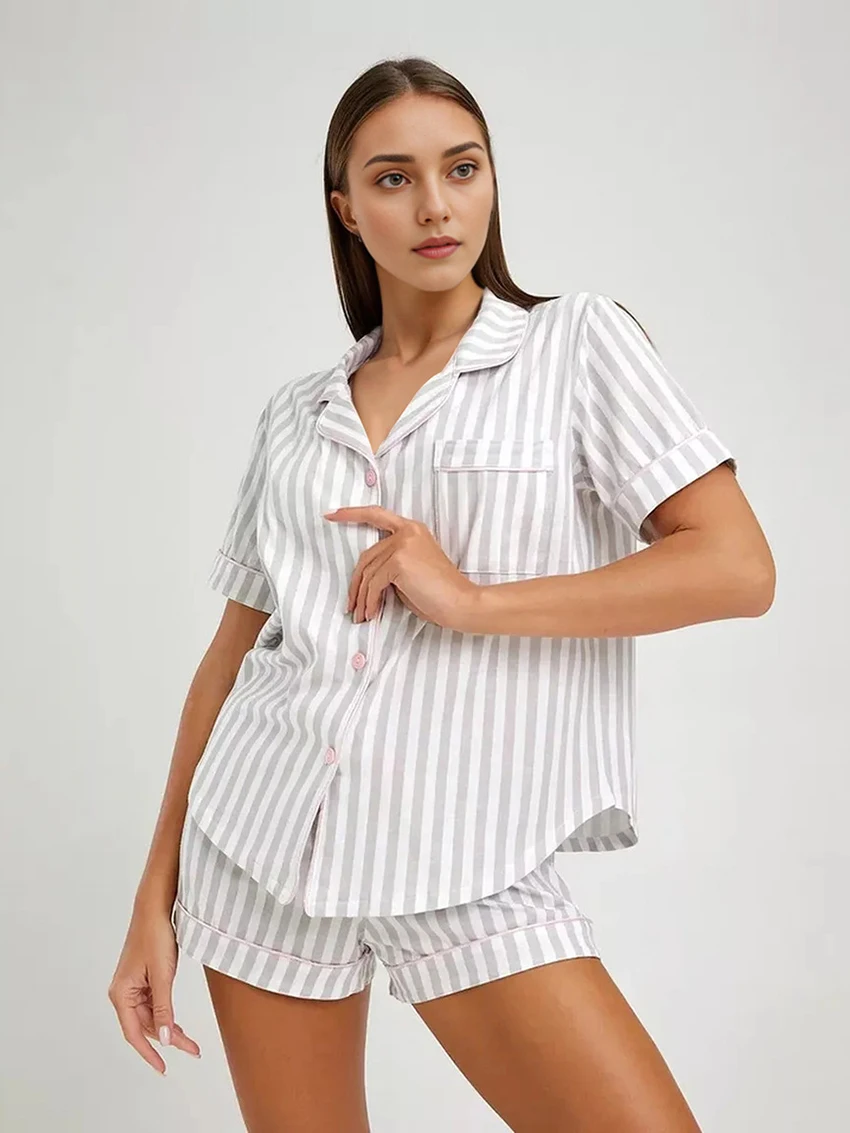 

Marthaqiqi Casual Striped Female Pajamas Suit Sexy Turn-Down Collar Sleepwear Short Sleeve Nightwear Shorts Summer Nightgown Set