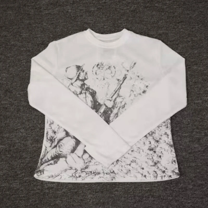 Streetwear Black White Sketch Art Print PEACEINWAR Tops Waffle Texture Crew Neck Slim Fit Long Sleeve T-Shirts Man Woman