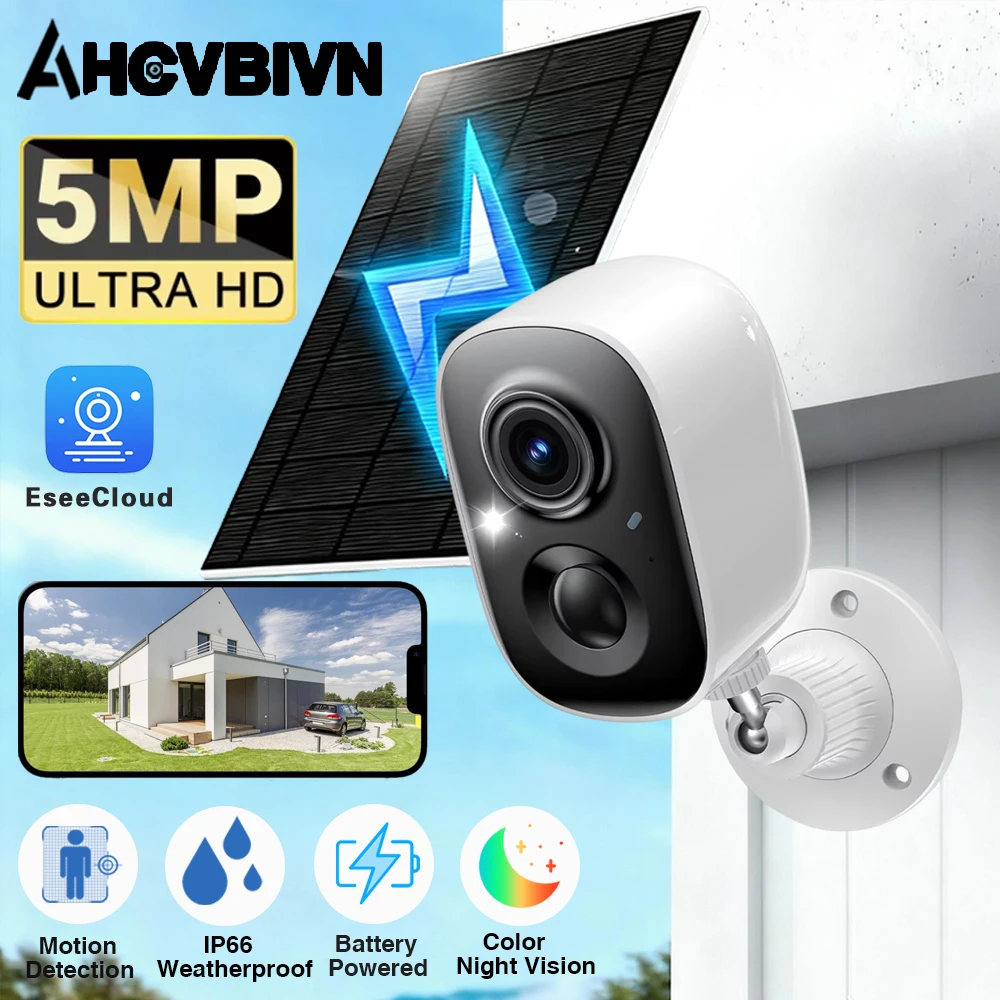 

2K 5MP HD Солнечная камера безопасности Wi-Fi Беспроводная уличная цветная камера ночного видения с питанием от батареи Поддержка PIR Водонепроницаемая двусторонняя аудиосвязь