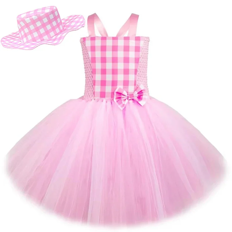 Vestido tutus de balé barbi xadrez rosa para meninas, aniversário, ano novo, trajes de princesa, crianças, natal, dia das bruxas, roupa com laço @ 0z *