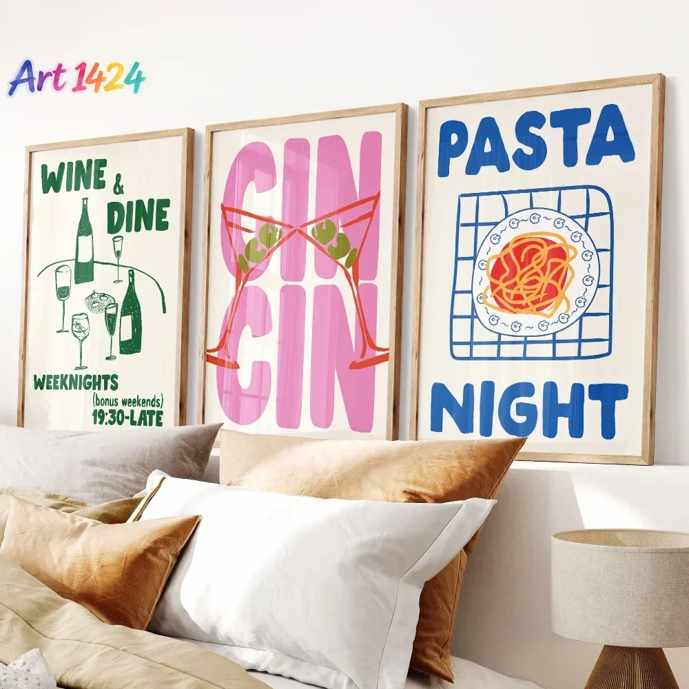 Trendy Coffee Cheers Print Posters Retro Wine Poster Pasta Night Food Print Painting Bar Cart Art Decor Maximalist Room Decor
