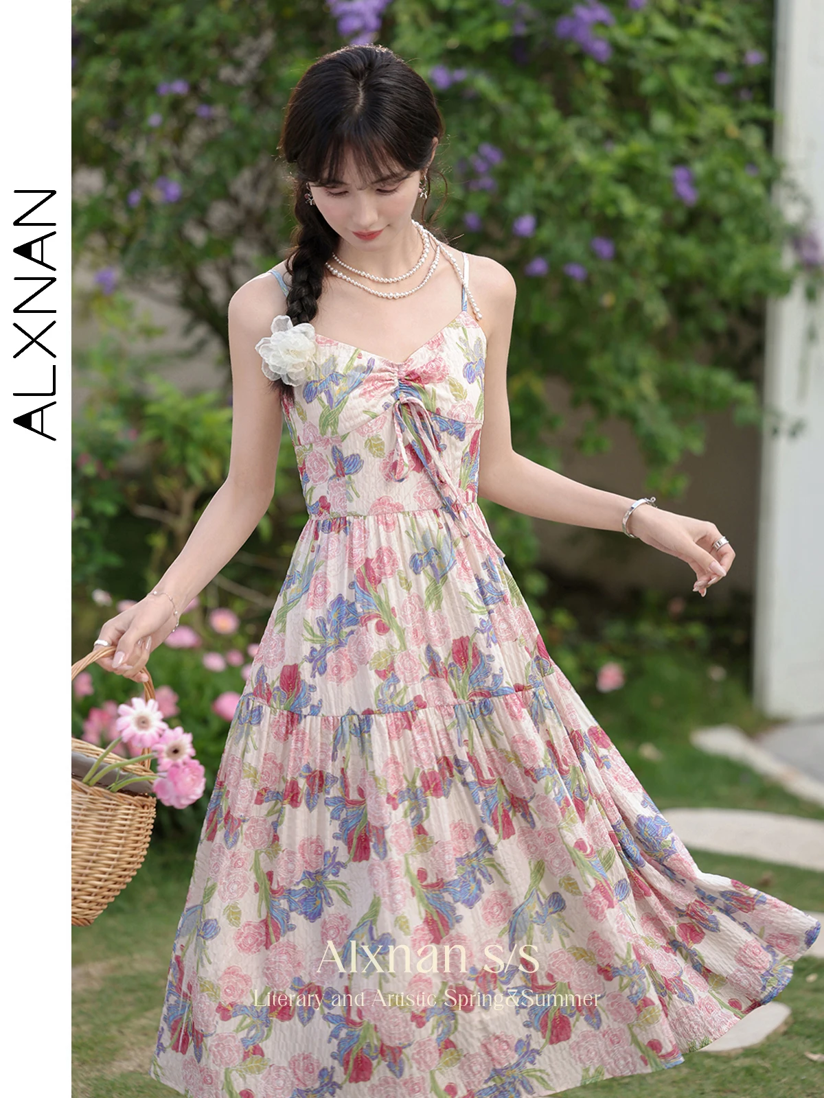 ALXNAN Summer Frenchy Floral Print Midi Dress Female 2024 Fashion Tie Front Sleeveless Smocking Back Vacation Dress Women L35712