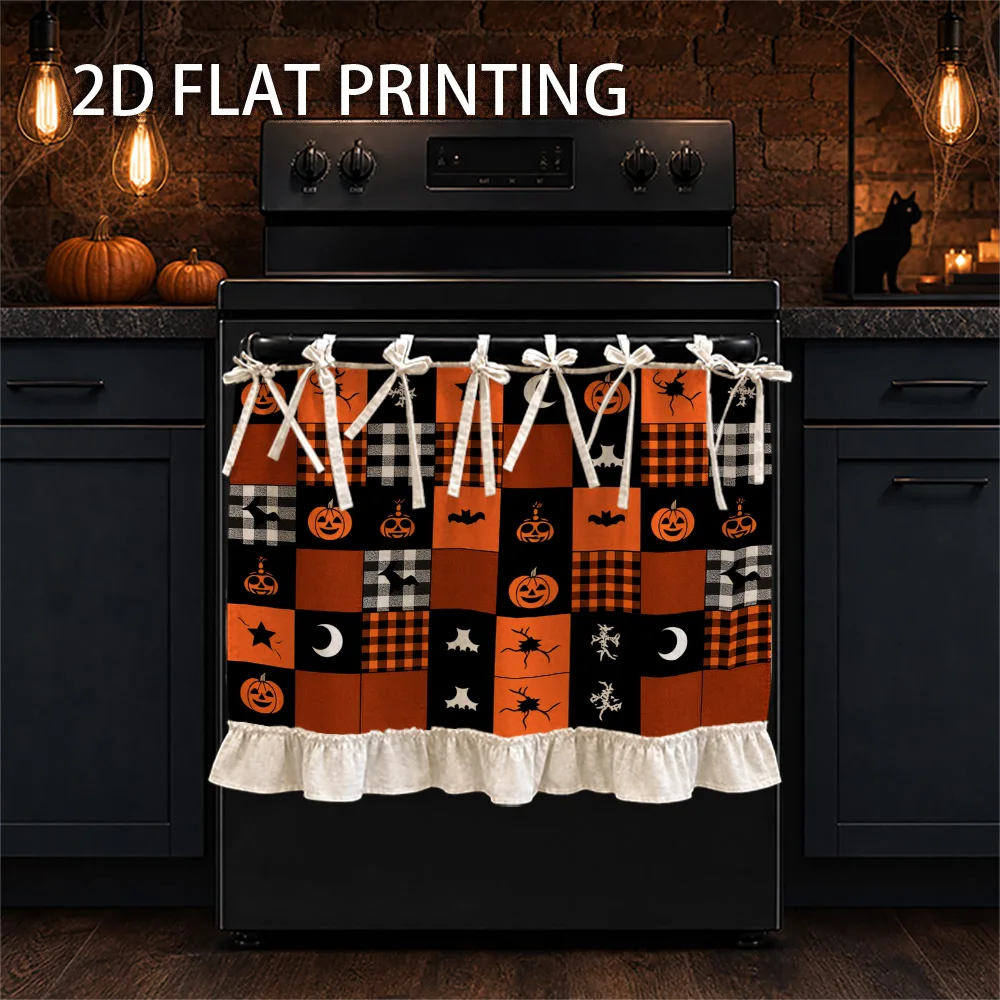 1PC kitchen stove curtain, cabinet curtain, apron. Designed with 2D graphics in a Halloween theme with jack-o-lantern, Buffalo