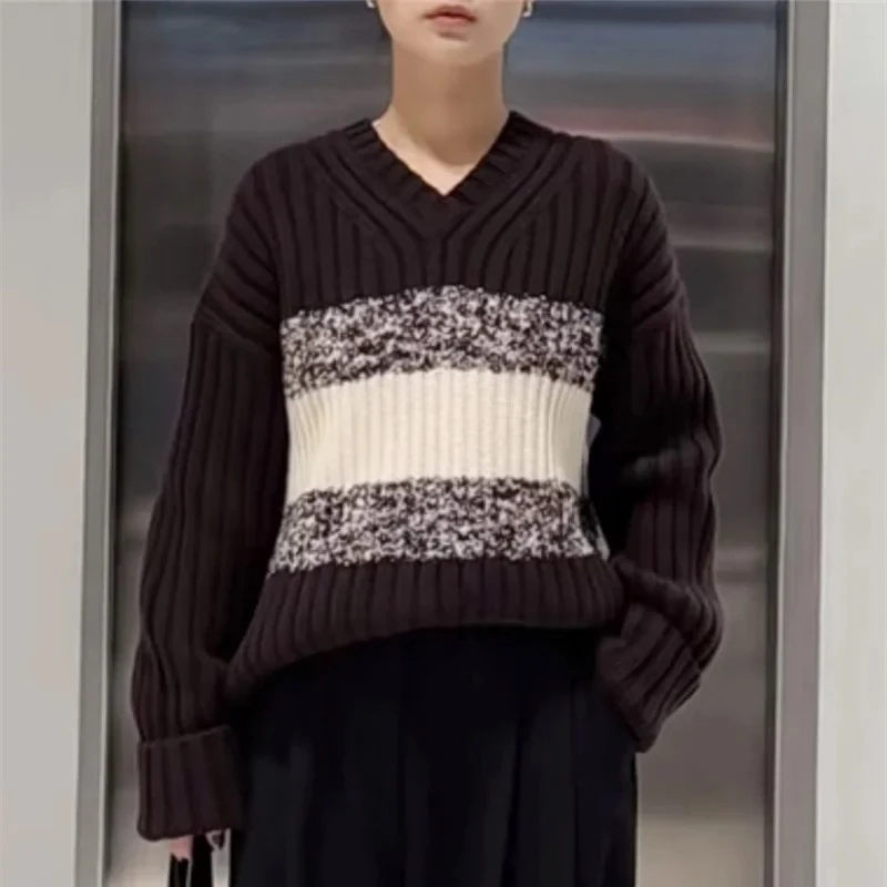 

Women Knitwear Sweater Long Sleeve Color Patchwork V-neck Loose Casual Jumper Female 2025 Fall Winter Cozy Pullover
