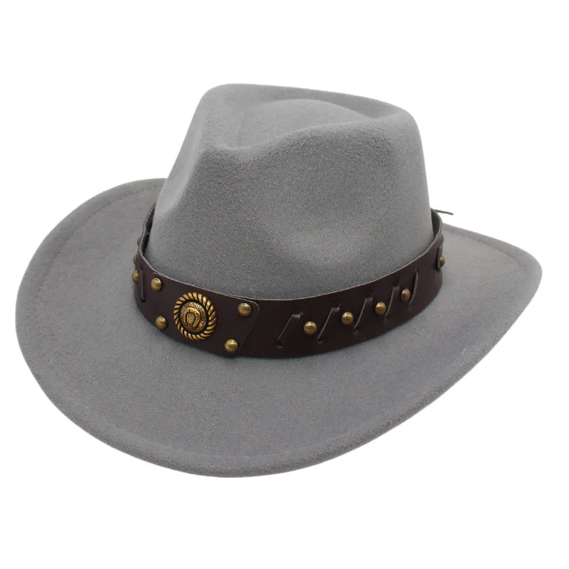 

New Western Cowboy Hat Tibetan Ethnic Style Top Hat Fedora Hat Curling Woolen Hat Badge Felt Cap