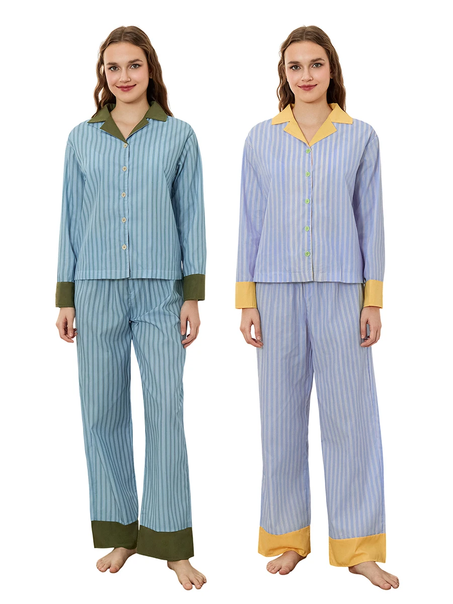 Women Pajama Set, Striped Contrast Color Long Sleeve Top with Pants Sleepwear Loungewear