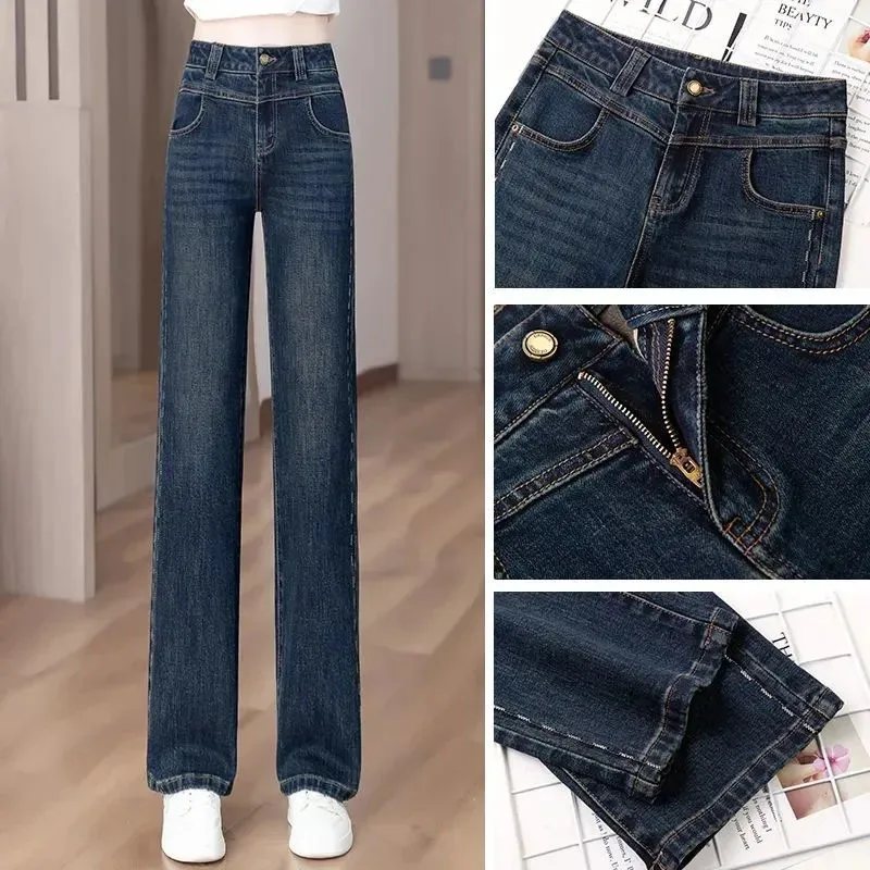 Moda retro jeans estreitos feminino nova cintura alta calças de cowboy primavera outono novo casual em linha reta perna larga denim calças femininas