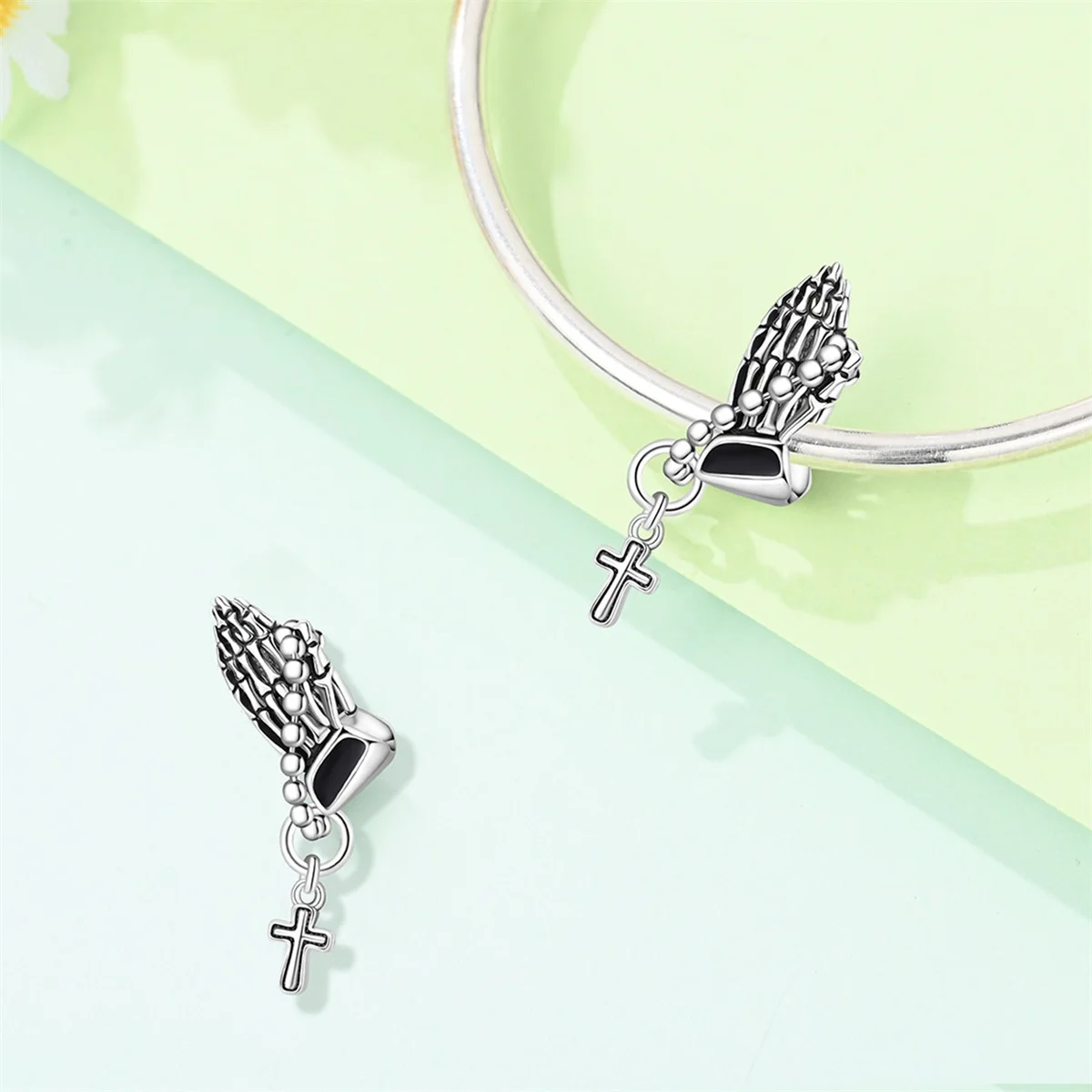 925 Sterling Silver Skeleton Praying Hands Charm Skull Bone Hand Rosary Beads Cross Dangle Pendant Fit Bracelet Jewelry Gift