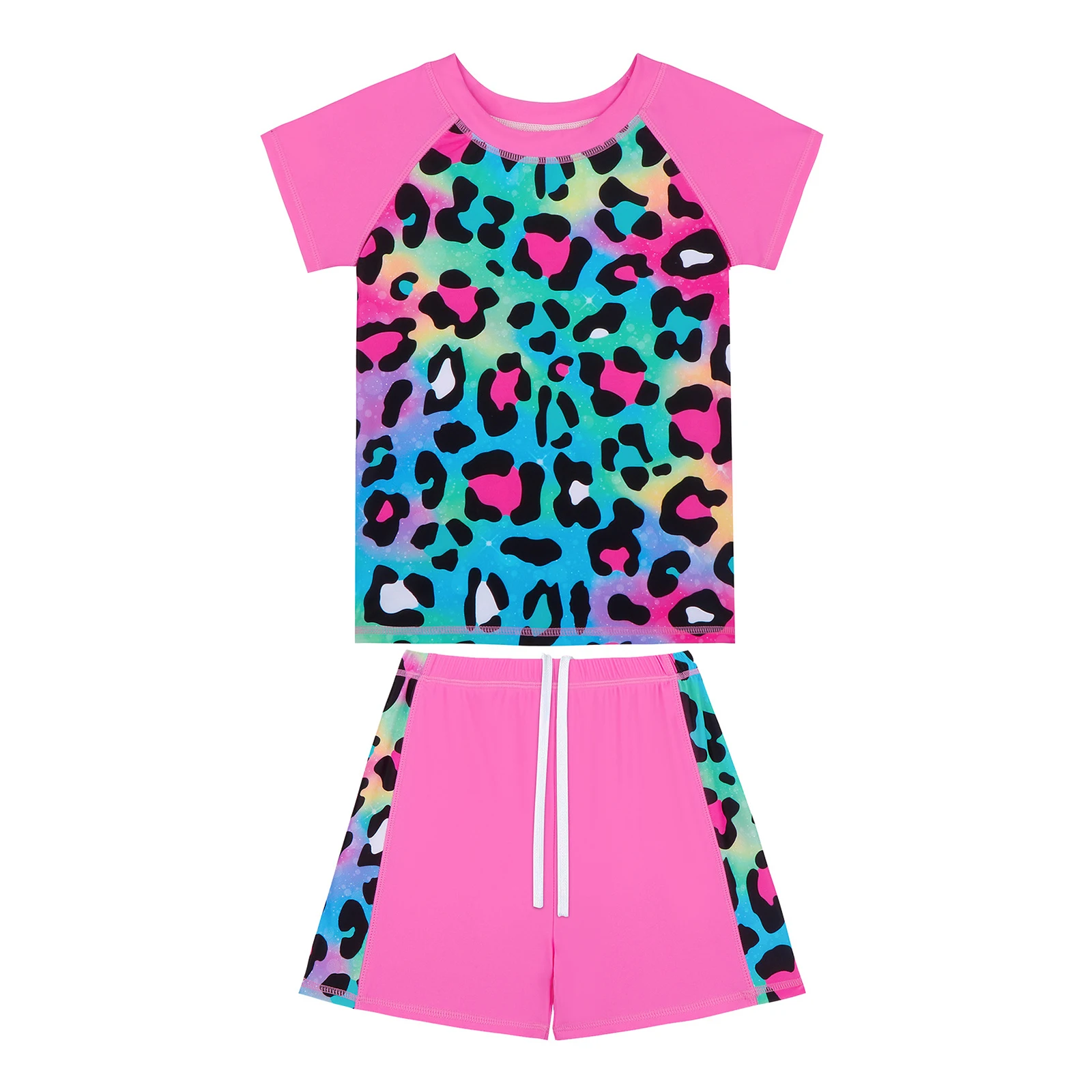 Bambini ragazze 2 pezzi costume da bagno manica corta costume da bagno e pantaloncini stampa leopardata costumi da bagno Rash Guard Pool Beach costume da bagno abbigliamento sportivo