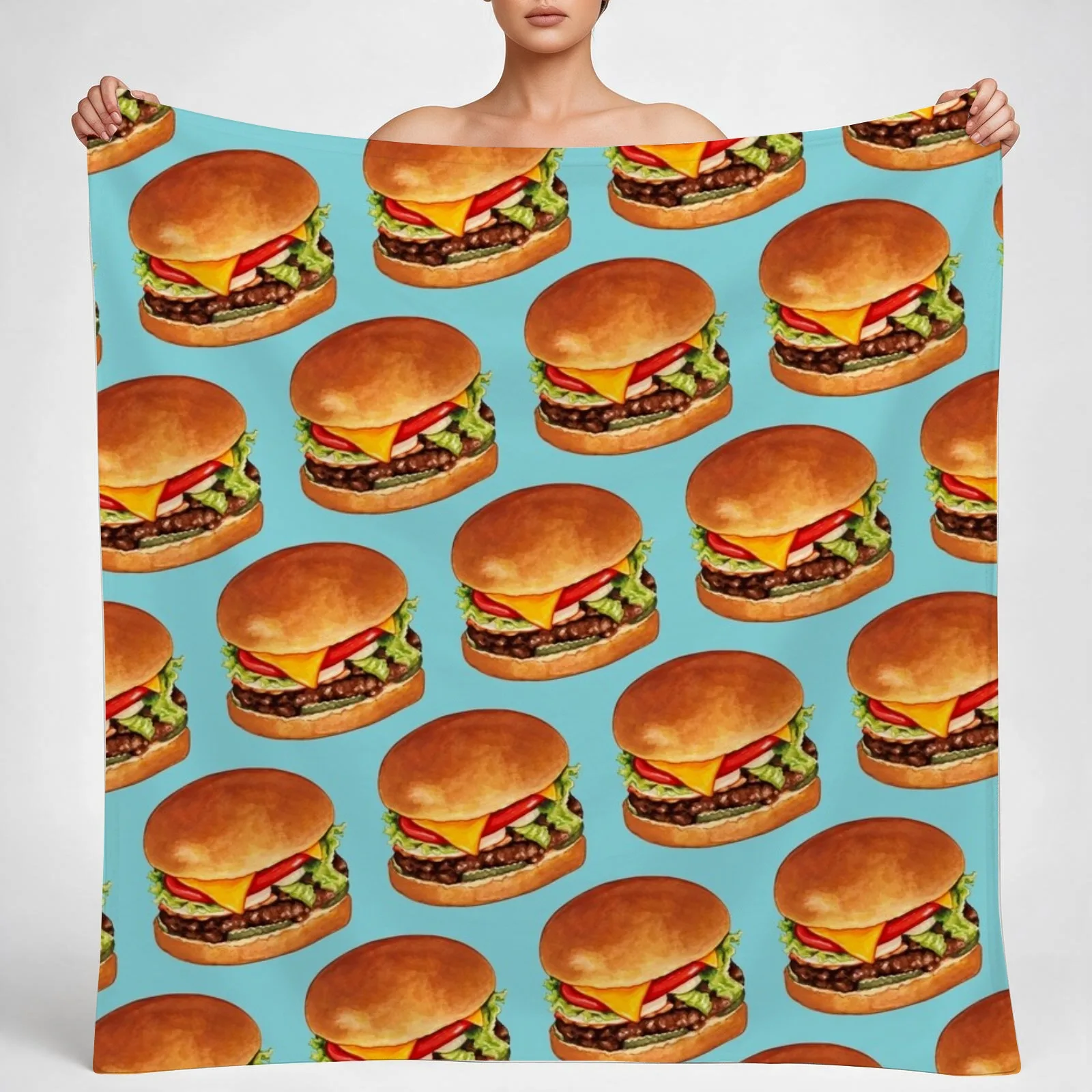 Cheeseburger Pattern 4 - Blue Throw Blanket couch cozy soft plush fuzzy picnic outdoor blanket