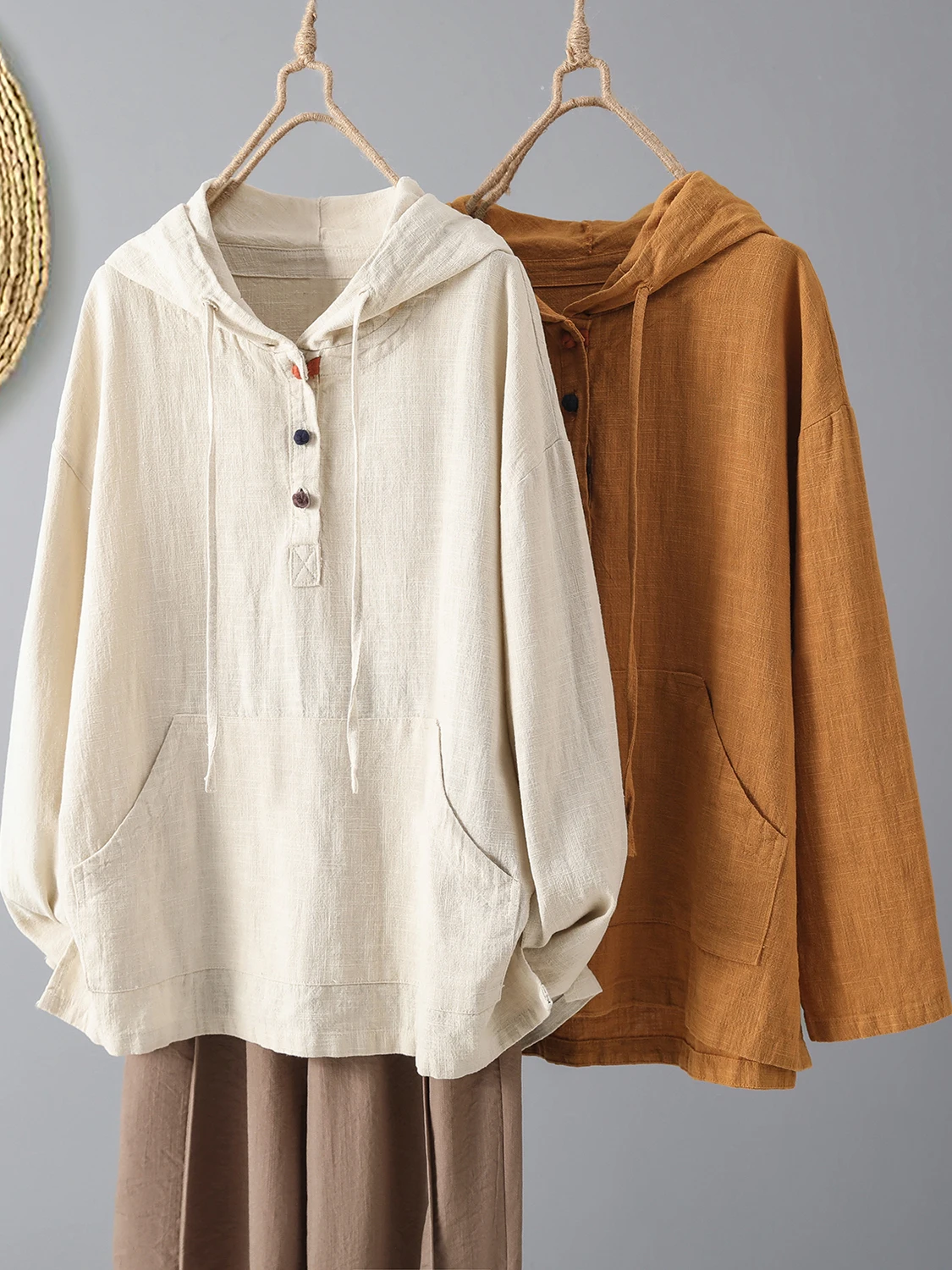 

Ретро-толстовка с длинным рукавом и капюшоном для женщин, свободного кроя, удобная, дышащая, из смесового хлопка и льна, универсальная повседневная кофта...