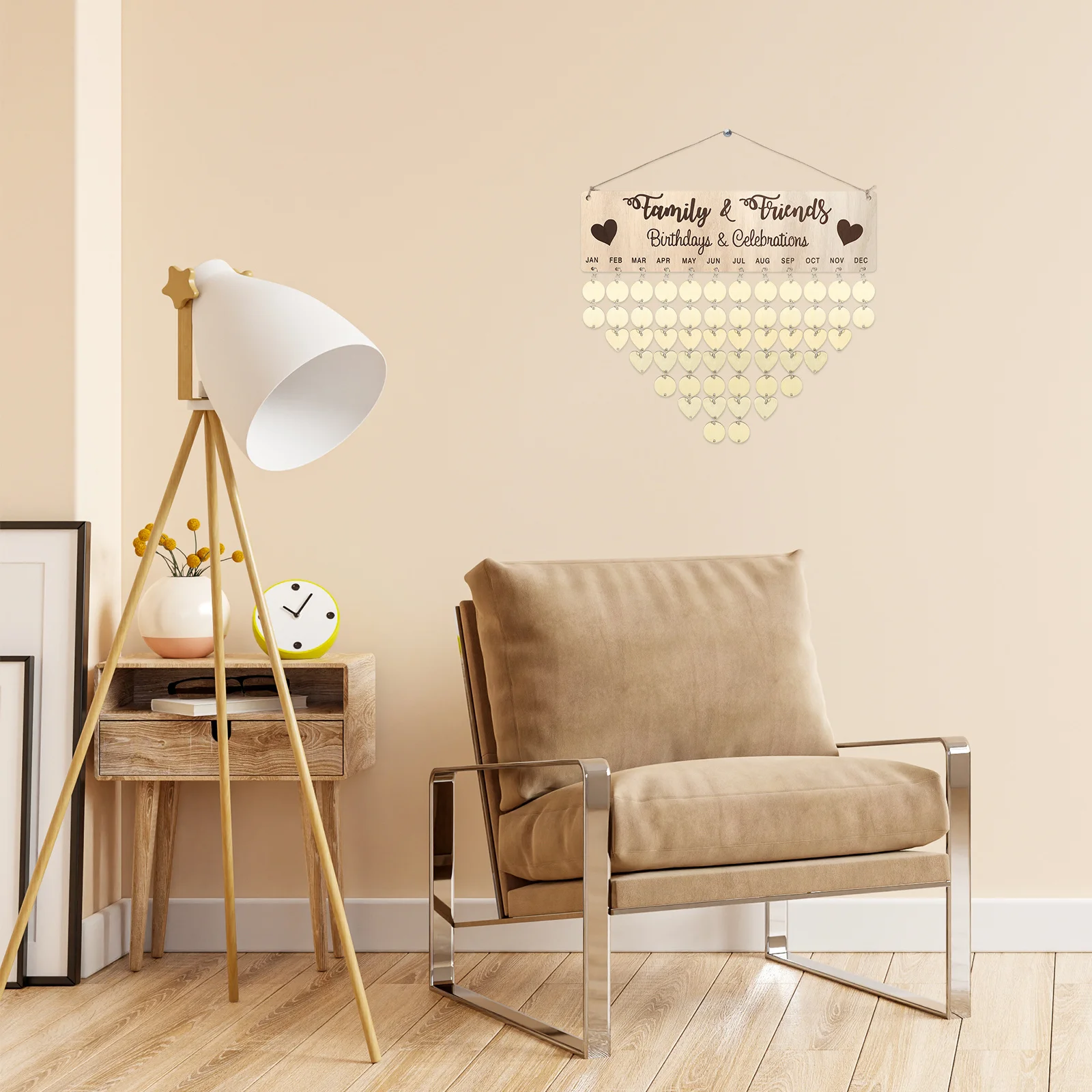 

1Set Wooden Calendar Hanging Board Creative DIY Reminder Home Decor with 50 Round 50 Heart Pendants Birthday Organizer Gift