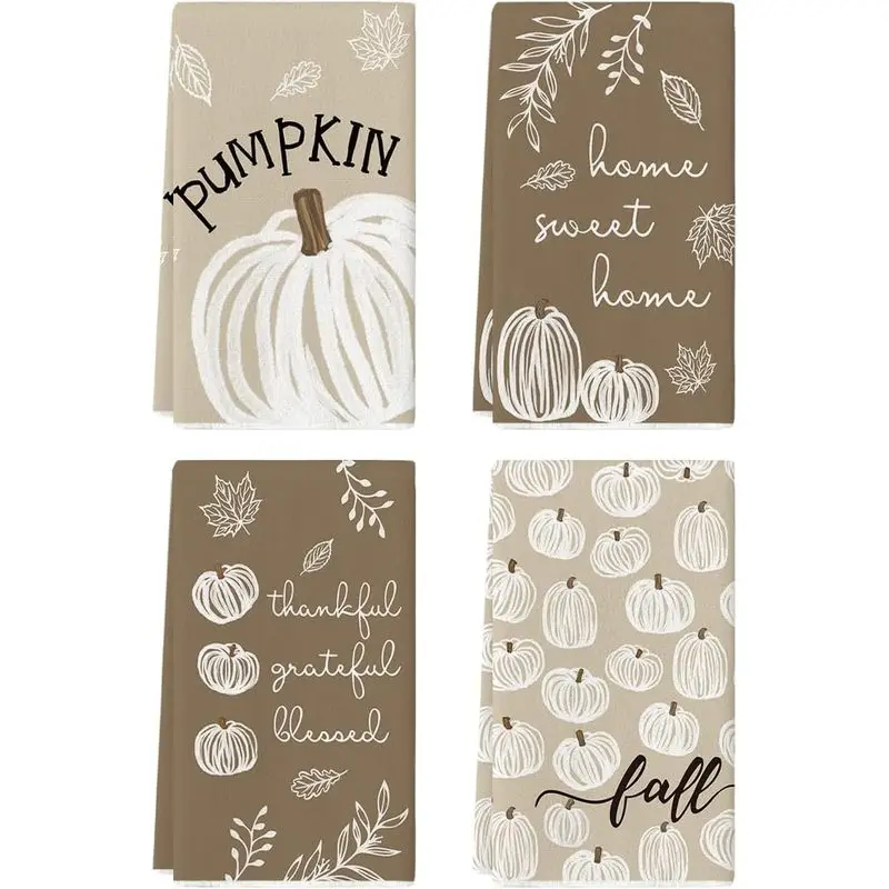 Pack of 4, Neutral Beige Sketch White Pumpkin Leaf Kitchen Towel, Thanksgiving Decorative Dish Towel