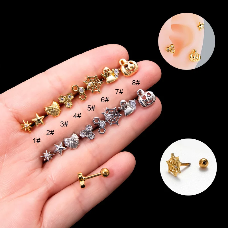 

1Piece 20G Stainless Steel Cartilage Earring 1.2mm Double Screw Rod Stud Earrings Pumpkin Star Cz Ear Piercing Halloween Jewelry