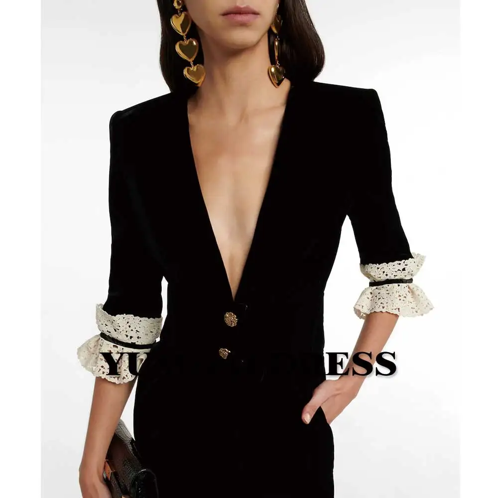 Black Velvet Mid-sleeve Suit Sexy V-neck Style Cocktail Dress With Lace Embellish Sleeves 2023 Luxury Women's Haute Couture Gown