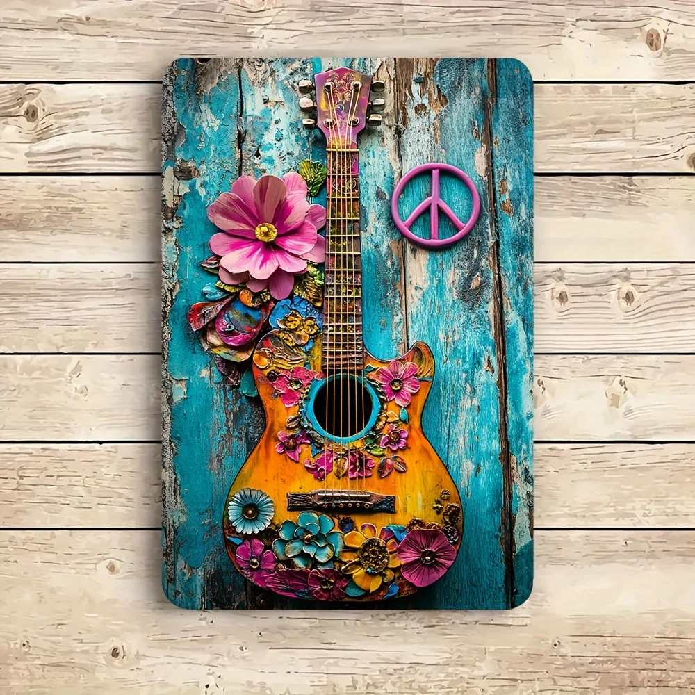 Buntes 20,3 x 30,5 cm großes 1-teiliges Blechschild aus Aluminium mit lebendiger Hippie-Gitarre und Blumenmuster – einfach zu montieren, kein Strom erforderlich – Zuhause, Büro