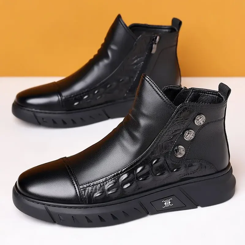 2026 Men Winter New Ankle Boots Crocodile Pattern Leather High Top Zip Casual Leather Boots for Men with Winter Plush Warm Boots