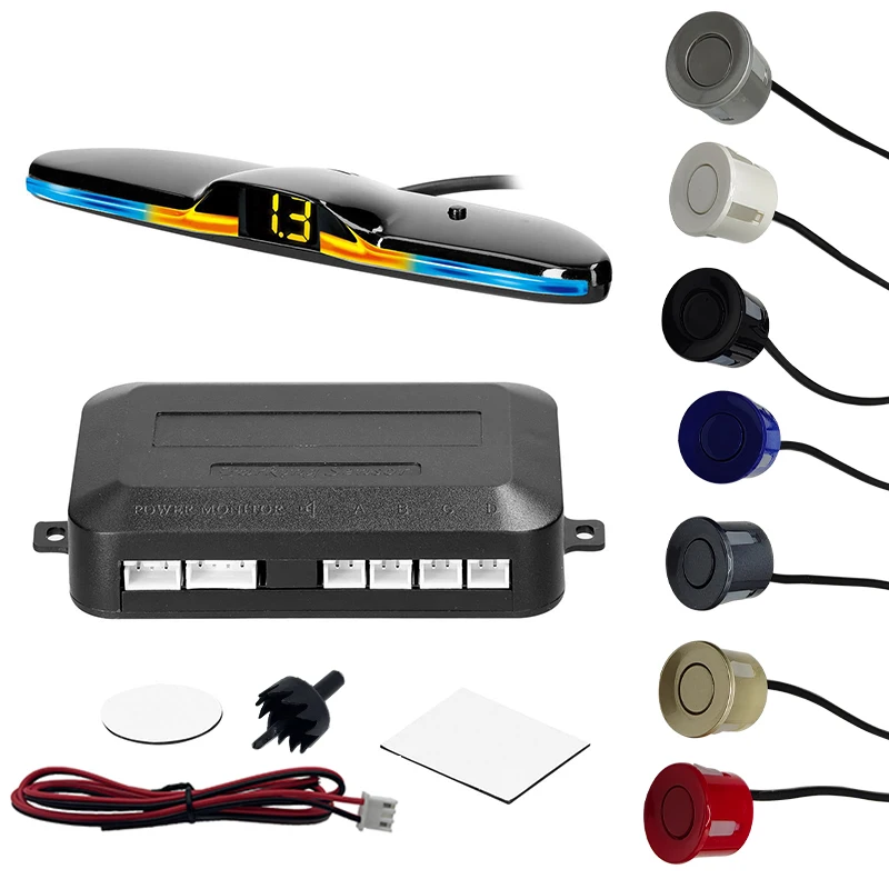 New LED Parking Sensor System Backlight Monitor Display Kit Backup Detector Assistant 4 Probes