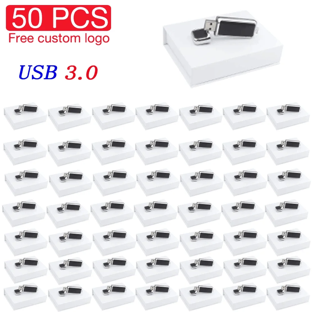 50PCS/LOT High Speed USB 3.0 Flash Drive Free Custom Logo 128GB White Black Leather Pen Drive 64GB Memory Stick Box Wedding Gift