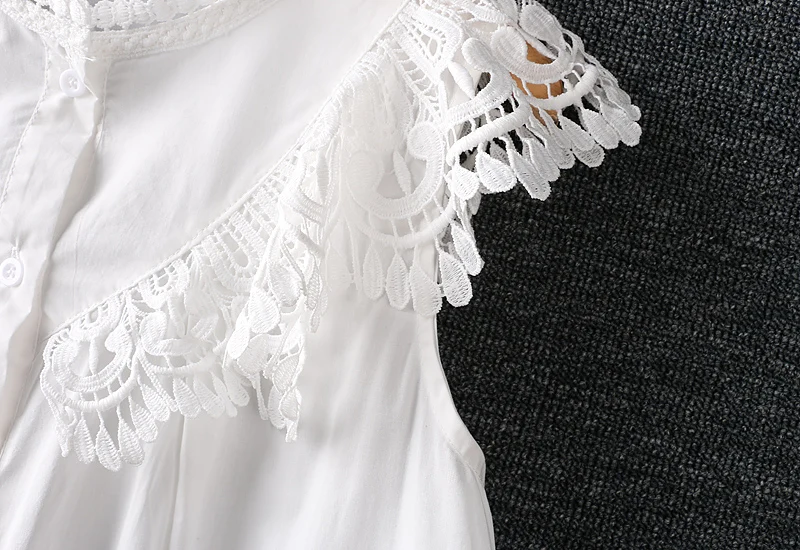 Summer New Sweet Mori Girl Solid Color Crochet Hollow Out Patchwork Shirts Women Stand Collar Sleeveless Casual Blouse Tops